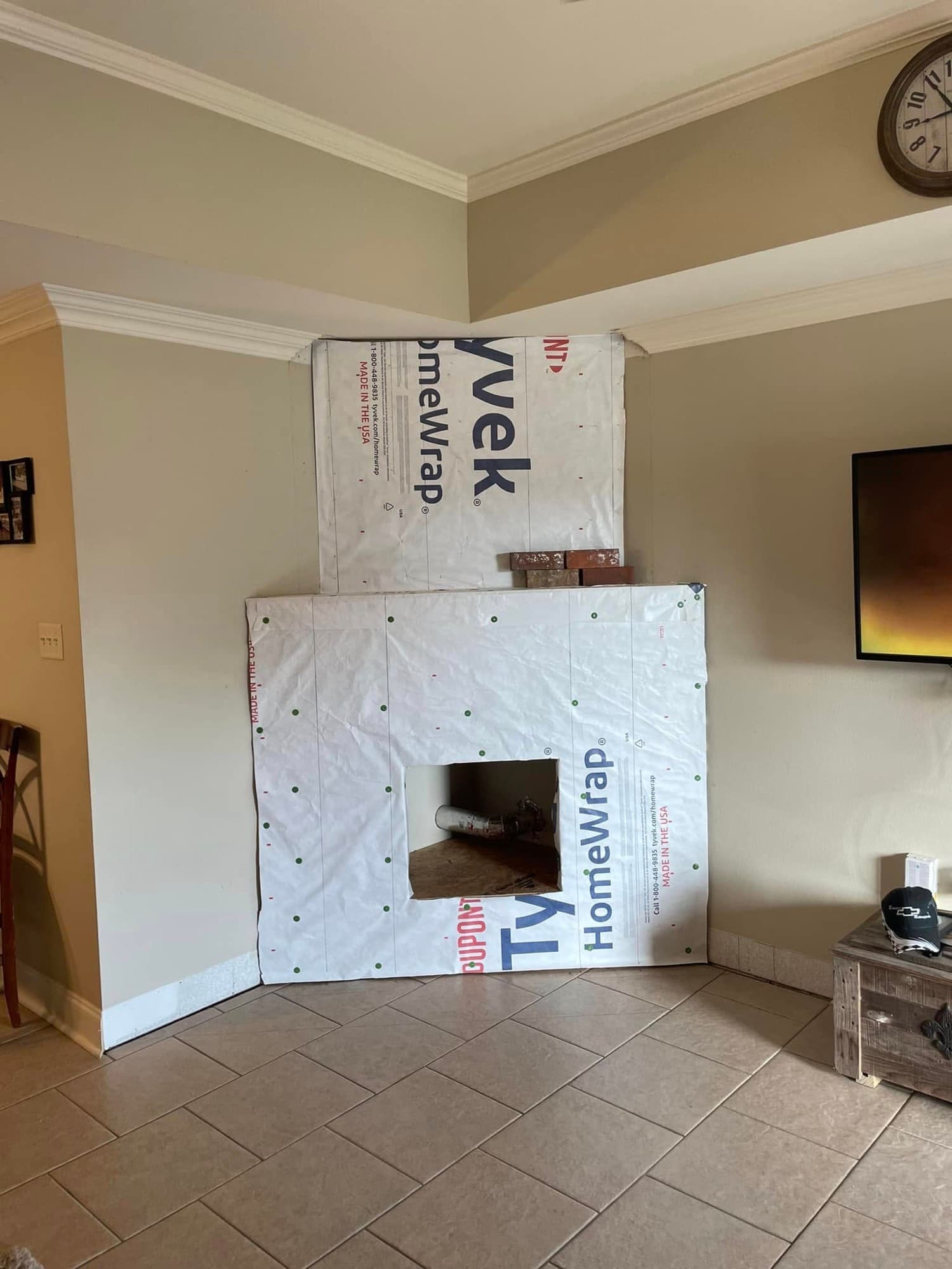 Custom interior fireplace surround framing — remodel in progress